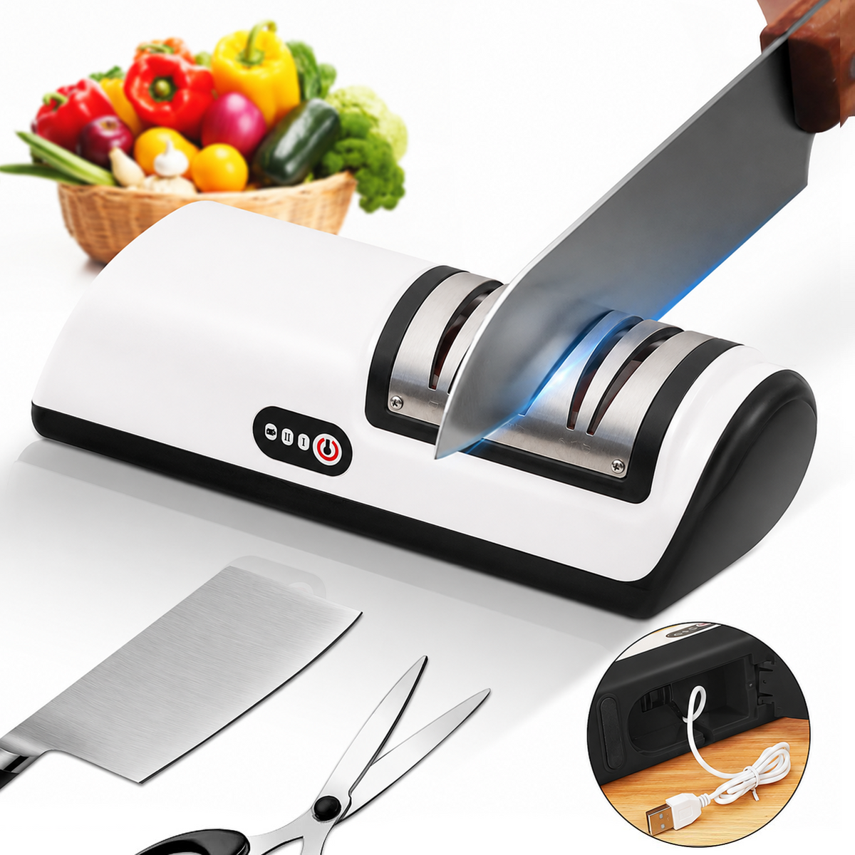 Merryhome 2026 Upgraded Electric Knife Sharpener,3-Stage High-speed Knife Sharpener - USB Charging Automatic Kitchen Gadget for Sharpening Knives,Kitchen Accessories(White)