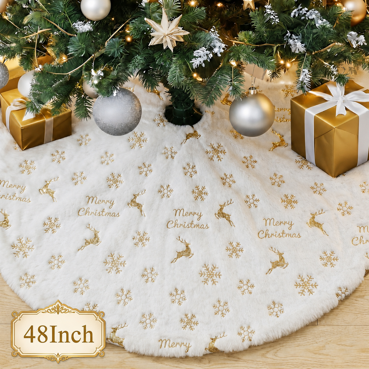 PUCACHI 48in Christmas Tree Skirt,White Faux Fur Christmas Tree Skirt with Gold Sequin Snowflakes & Deers,Large Plush Tree Skirts for Xmas Holiday Party Decorations