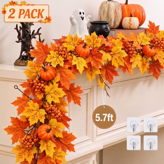 2 Pack 5.7FT Fall Garland Artificial Maple Leaf & Pumpkin Harvest Vine – Autumn Thanksgiving Decor for Fireplace Mantel Home Wedding Party Indoor Outdoor
