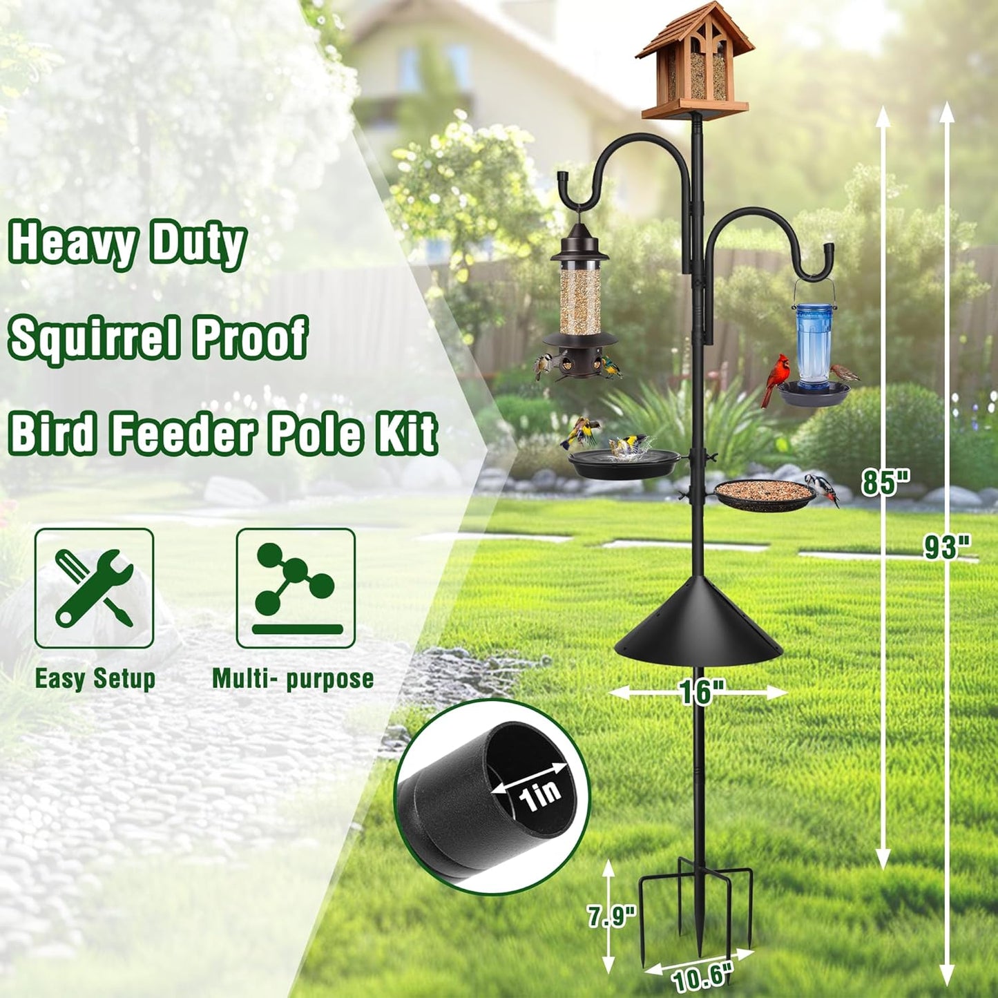 Teblint 92" Bird Feeding Station, Heavy Duty Bird Feeder Pole Bird House Stand Mount Kit w/ Squirrel Proof Baffle 2 Shepherds Hooks, Adjustable Feeder Stand for Outdoor Wild Birds Watching