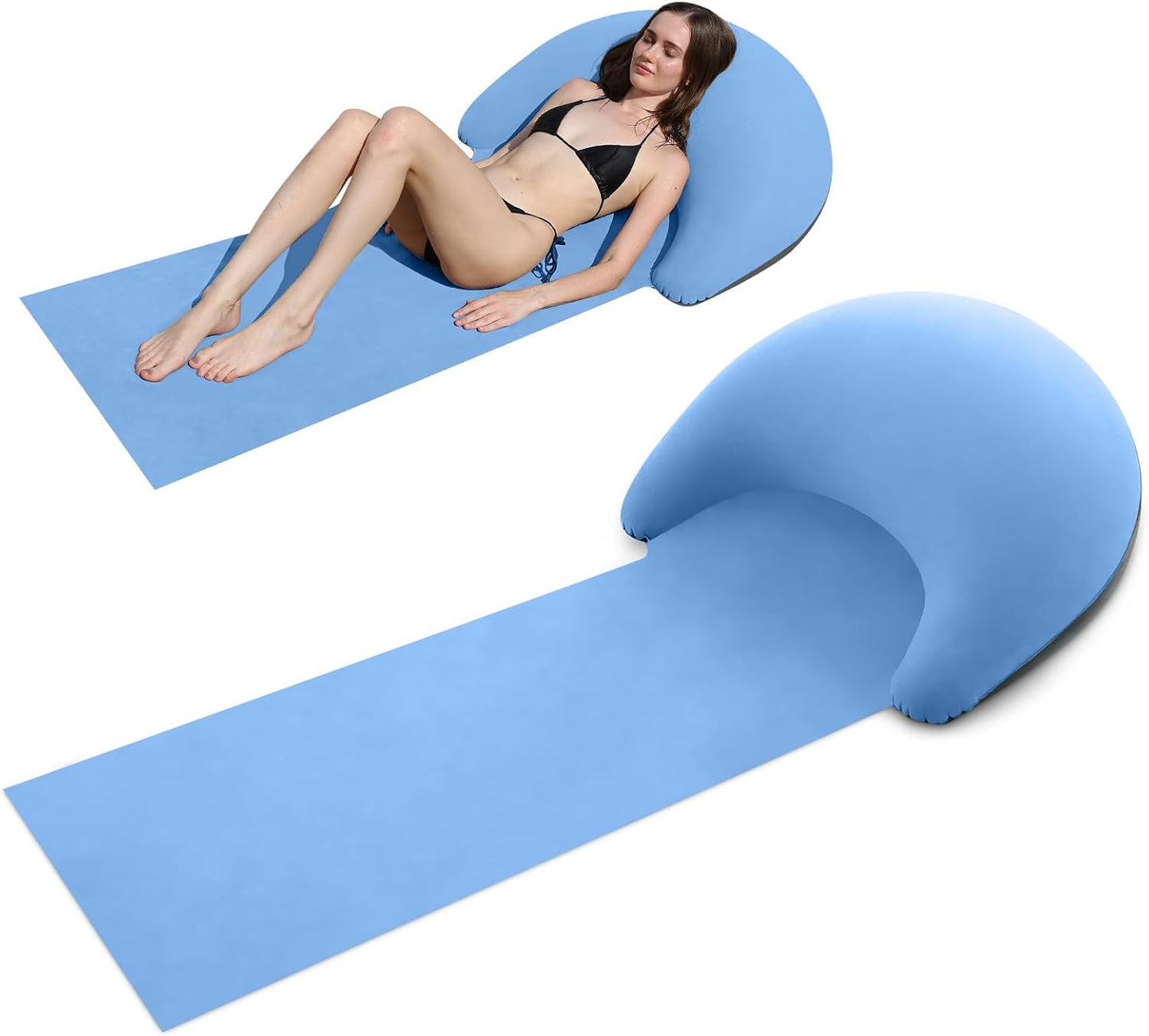 Teblint Inflatable Beach Mat with Pillow, Portable Beach Lounger Sandproof Waterproof, Foldable Camping Cushion Lightweight Foldable for Sunbathing Camping Travel 63"x27.6" (Blue)