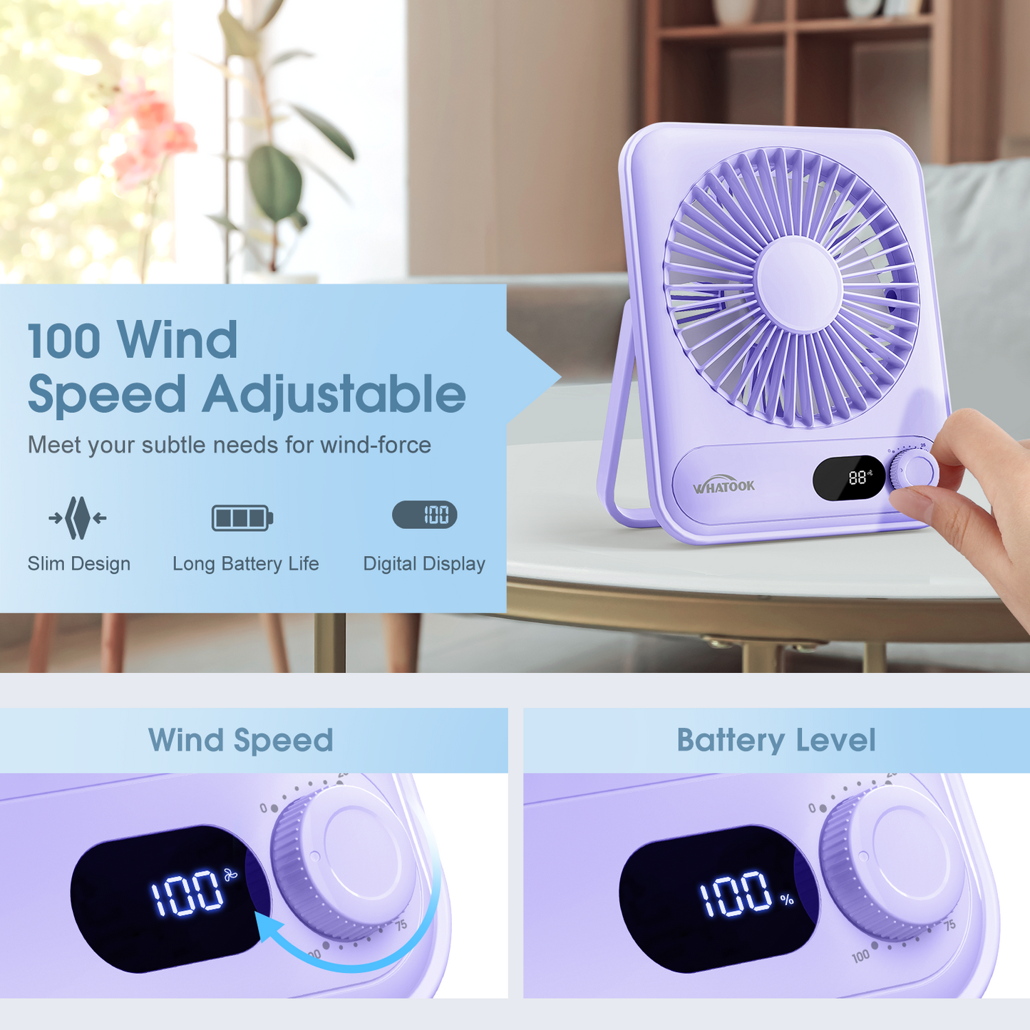 Desk Fan Rechargeable Portable Fan, 2000mAh 10 Hours Battery Operated Personal Silent Table Fan, 100 Speeds Desktop Fan for Bedroom Home Office Outdoor, Purple