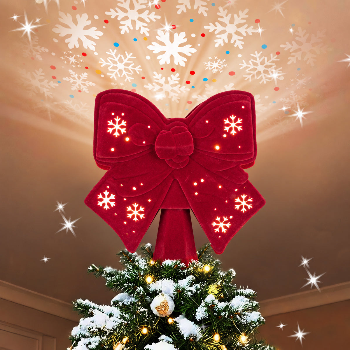Christmas Tree Toppers Lighted, Christmas Butterfly Tree Topper with Built-in LED Rotating Lights, 3D Glitter Projection for Xmas Party Holiday Decorations