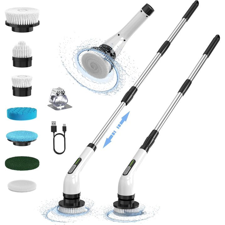 Electric Spin Scrubber, Cordless Cleaning Brush, Shower Scrubber with Long Handle & 7 Replaceable Heads, Dish Brush Household Tools for Bathroom & Tile Floor