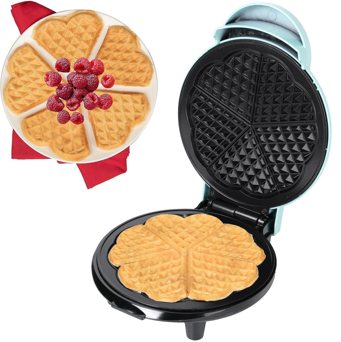 Heart Waffle Maker - Non-Stick Waffle Griddle Iron with Browning Control - 5 Heart-Shaped Waffles, Great Gift