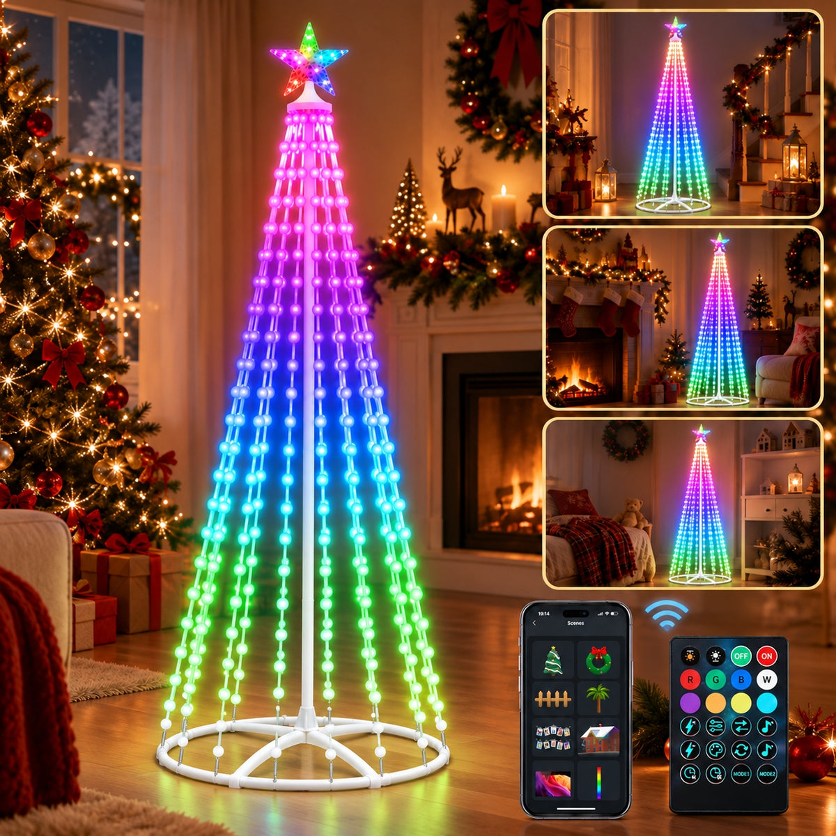 PUCACHI Outdoor Christmas Tree Lights, 8 Modes Timer Remote RGB Christmas Tree Lights with Star Topper for Xmas Yard Porch Patio Holiday Decor