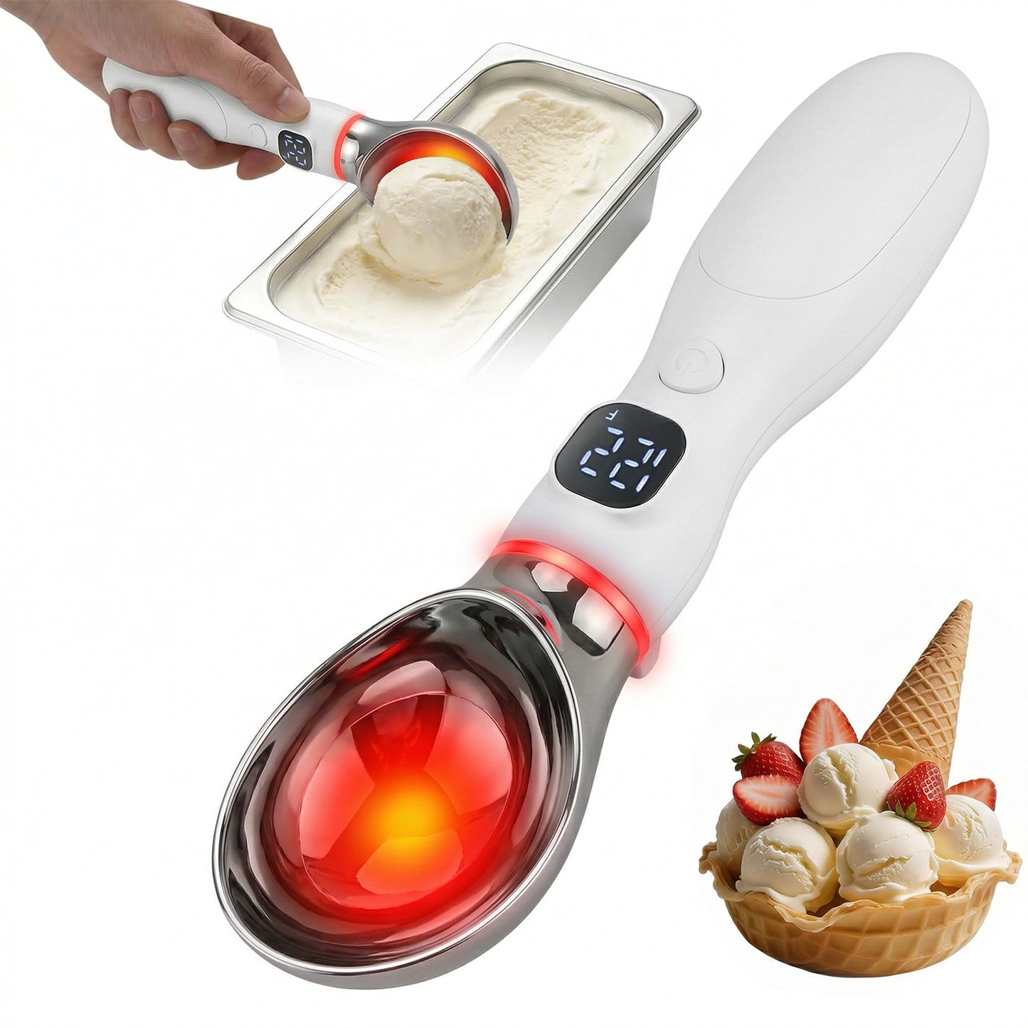 Heated Ice Cream Scoop, 3-Temp Electric Warming Scooper 122°F–158°F, Rechargeable with LED Monitor, IPX7 Waterproof, Easy Scoop for Hard Ice Cream and Dessert Scooper