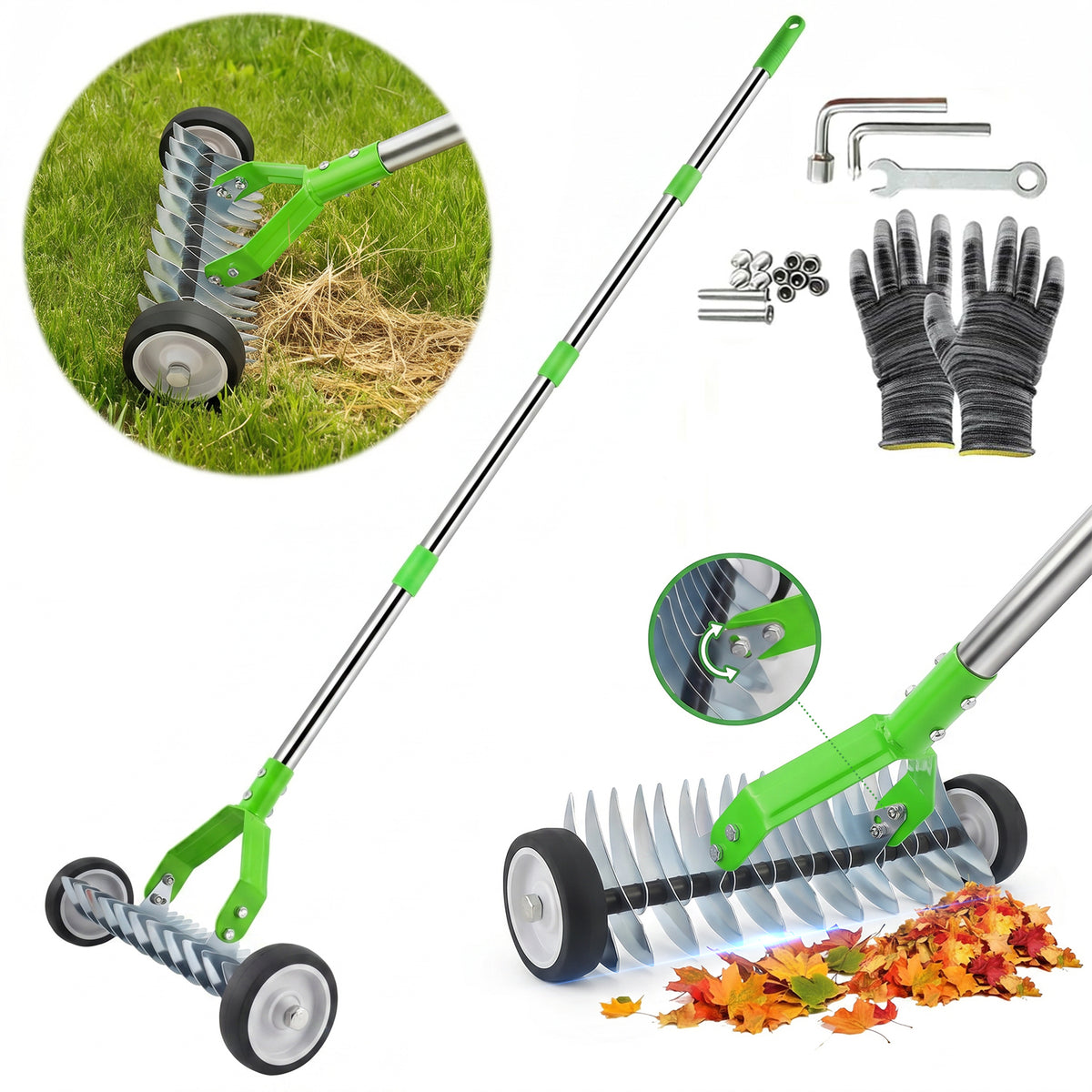 Merryhome Thatch Rake with Wheels,37-65.35'' Adjustable Dethatching Roller Rake,Adjustable 0-12° Angle Stainless Steel Blades Heavy Duty Dethatcher,21 Tines Garden Rake for Moss,Grass,Leaves,Debris(Green)