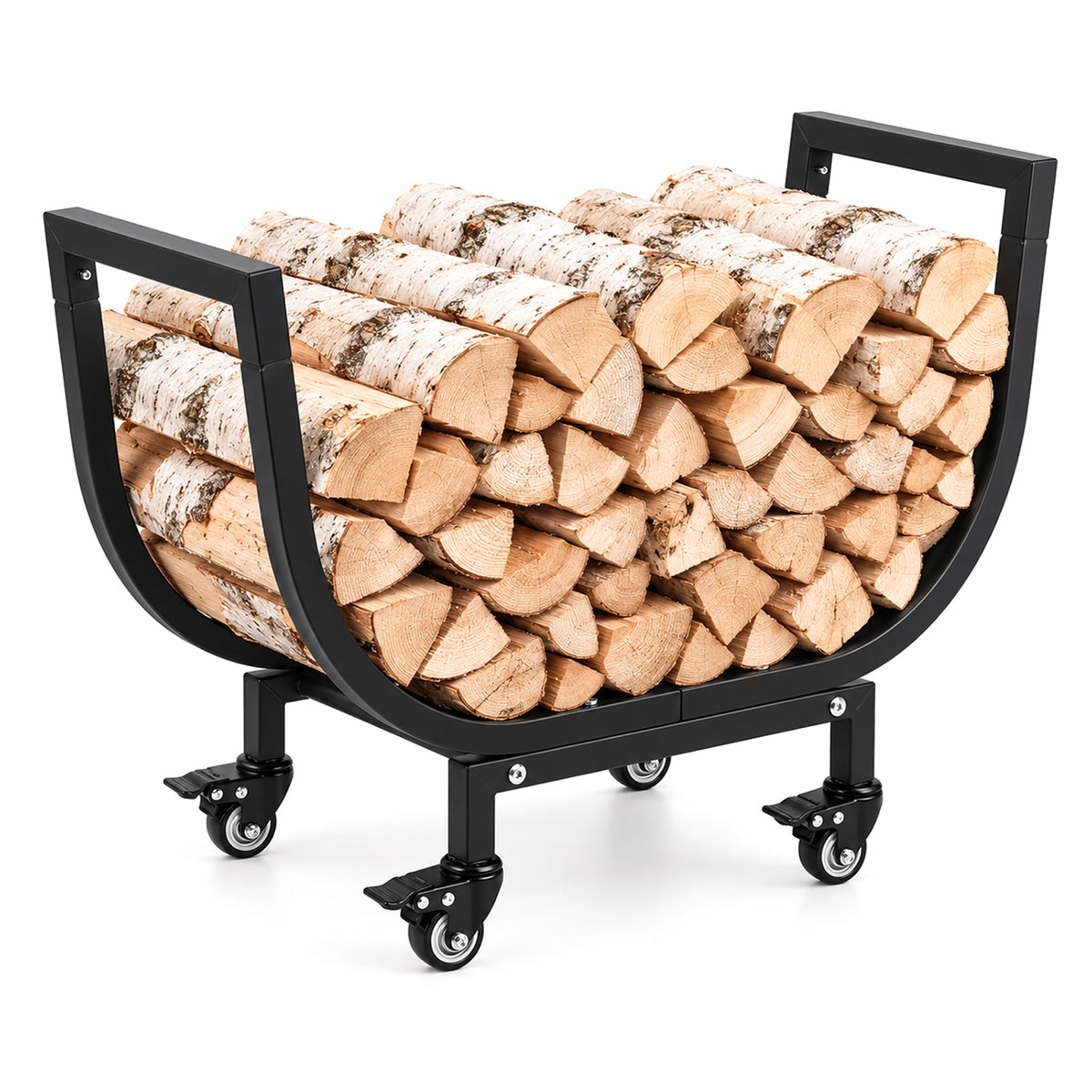 24in Firewood Rack with Wheels, Rustproof Heavy Duty Metal Log Holder, Outdoor Indoor Firewood Storage Organizer for Fireplace Patio Deck Firepit, Black