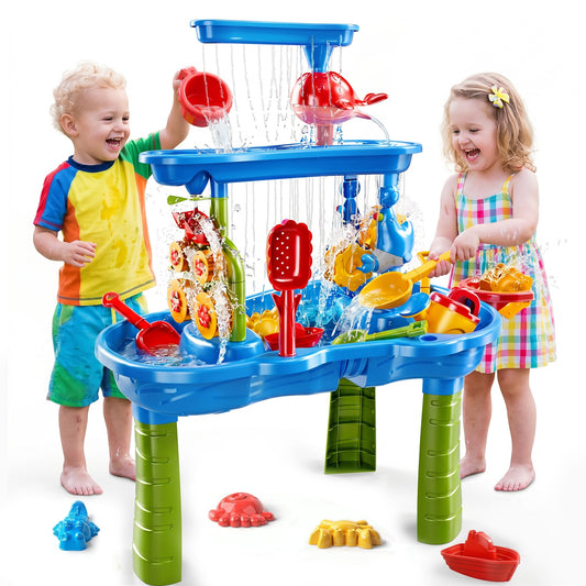 3-in-1 Sand Water Table for Toddlers 1-3, 3-Tier Kids Water Play Table with Waterfall & Spinner, Sensory Outdoor Activity Table with Beach Snow Accessories for Boys Girls Age 1-3-5 Gift(Random Color