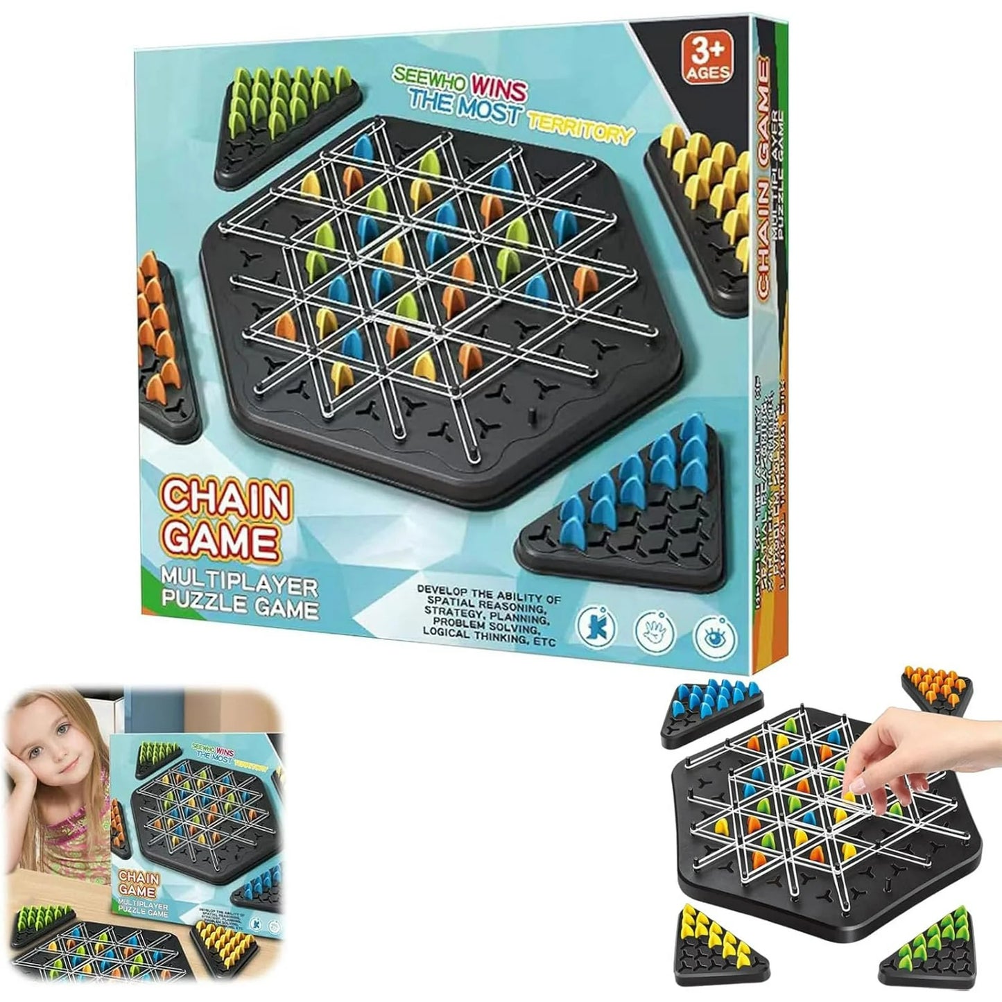 Chain Triangle Chess Game, Triggle Board Game with Rubber Band, Strategy Board Games for Family Night, Family Games for Kids & Adults, Interactive Toy for Kids Ages 3+, 2 to 4 Players