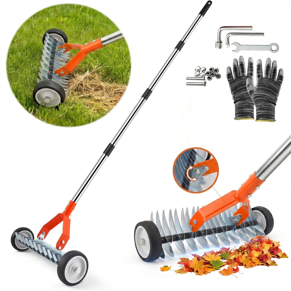 Merryhome Thatch Rake with Wheels,37-65.35'' Adjustable Dethatching Roller Rake,Adjustable 0-12° Angle Stainless Steel Blades Heavy Duty Dethatcher,21 Tines Garden Rake for Moss,Grass,Leaves,Debris(Orange)