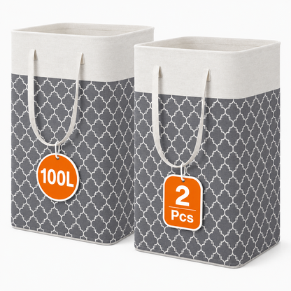 PUCACHI 2 Pack 100L Laundry Hamper Collapsible-Large Laundry Baskets,Freestanding Waterproof Clothes Hamper with Easy Carry Handles in Laundry Room Bedroom Bathroom College Dorm for Adults,Grey