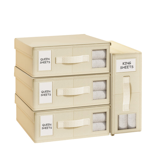 SPORTS JOY 4Pack Bed Sheet Organizer and Storage, Foldable Linen Closet Organizer and Storage with Window, Sheet Storage Organizer for Bedsheets, Blankets and Towel, Duvet Covers (Beige)