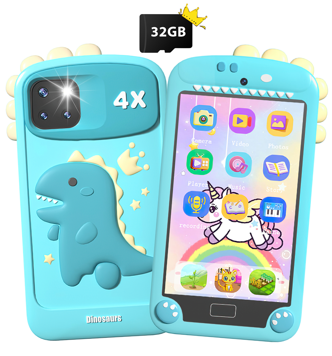 Merryhome Kids Smart Phone for Boys with 4.0" Large Touchscreen, 32G Card for Age 3-10 Kids Toys Cell Phone with Holographic Pyramid, Toddler Learning Toy, Dual Lens, Music Player