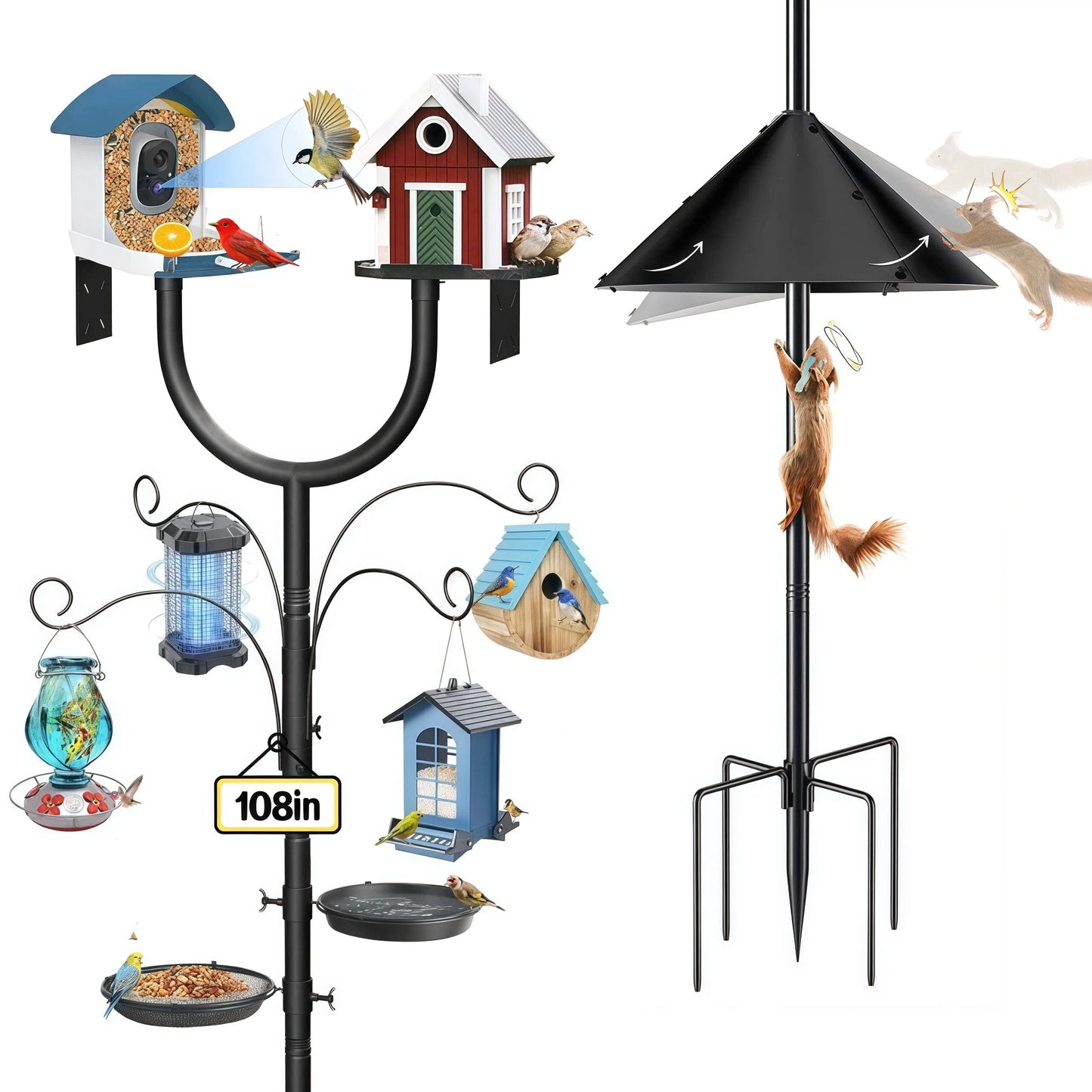Teblint 108" Bird Feeding Station, Heavy Duty Bird Feeder Pole Bird House Stand Mount Kit w/ Squirrel Proof Baffle Upgraded U-Shape Platform 4 Shepherd Hooks Adjustable Feeder Stand for Outdoor