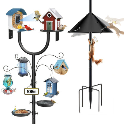 Teblint 108" Bird Feeding Station, Heavy Duty Bird Feeder Pole Bird House Stand Mount Kit w/ Squirrel Proof Baffle Upgraded U-Shape Platform 4 Shepherd Hooks Adjustable Feeder Stand for Outdoor