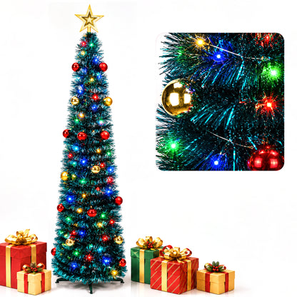 PUCACHI Pop Up Christmas Tree with Lights & 30 Balls,5Ft Collapsible Christmas Tree,Green Artificial Tinsel Pencil Xmas Trees for Indoor Home Office Party Christmas Decorations
