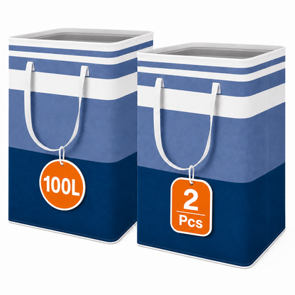 PUCACHI 2 Pack 100L Laundry Hamper Collapsible-Large Laundry Baskets,Freestanding Waterproof Clothes Hamper with Easy Carry Handles in Laundry Room Bedroom Bathroom College Dorm for Adults,Blue