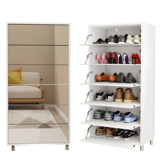 Mirror Shoe Cabinet With 6 Flip Drawers, Mirror Shoe Rack Organizer Store 25 Pair Shoes, Mirror Shoe Storage With 4 Metal Legs, Wood Shoe Storage Organizer for Hallway Bedroom Living Room, White