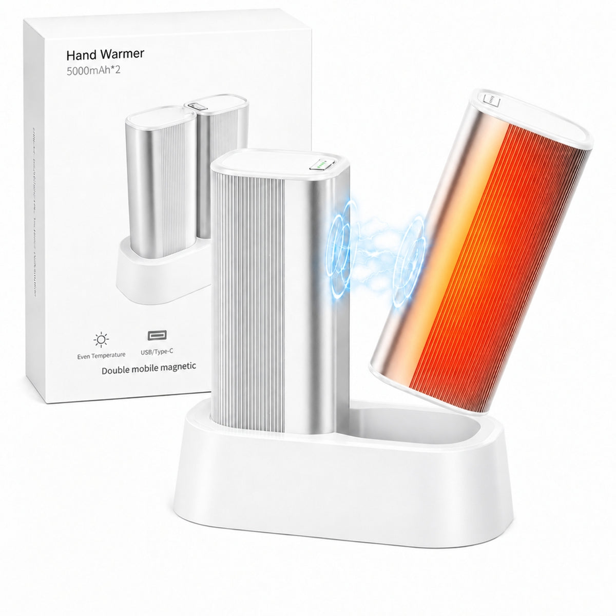 PUCACHI 2 Pack 5000mAh Hand Warmers Rechargeable,Magnetic Hand Warmers with Charge Base,4 Heat Settings & 8 Hrs Warmth,Reusable Portable Pocket Heater for Hunting Camping Winter Gifts,Silver