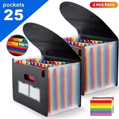 PUCACHI Accordion File Organizer, 25‑Pocket A4 Freestanding Expanding File Folder, Polypropylene Waterproof Acid‑Free Document Storage, Black, 2‑Pack