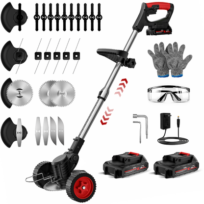 Teblint 650W Electric Weed Wacker, Cordless String Trimmer, Weed Eater Grass Trimmer/Edger/Cutter with Wheels, 2Pcs 21V Batteries, 5 Types of Blades, Adjustable Length for Lawn Yard Garden (Black)