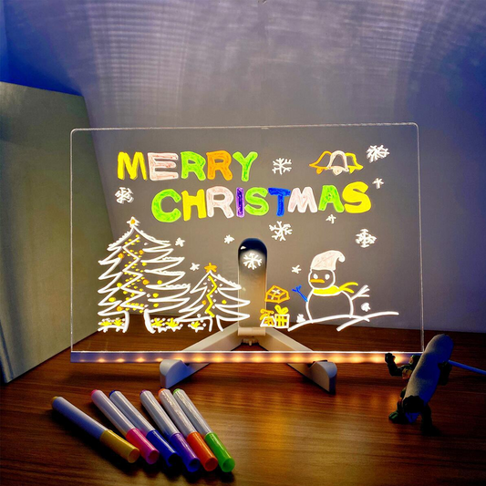 Acrylic Dry Erase Board with Light 7.9 X 7.9in Light up Dry Erase Board with Stand as a Glow Memo LED Letter Message Board led Note Board White Board with 7 Color Pen for Office School Home