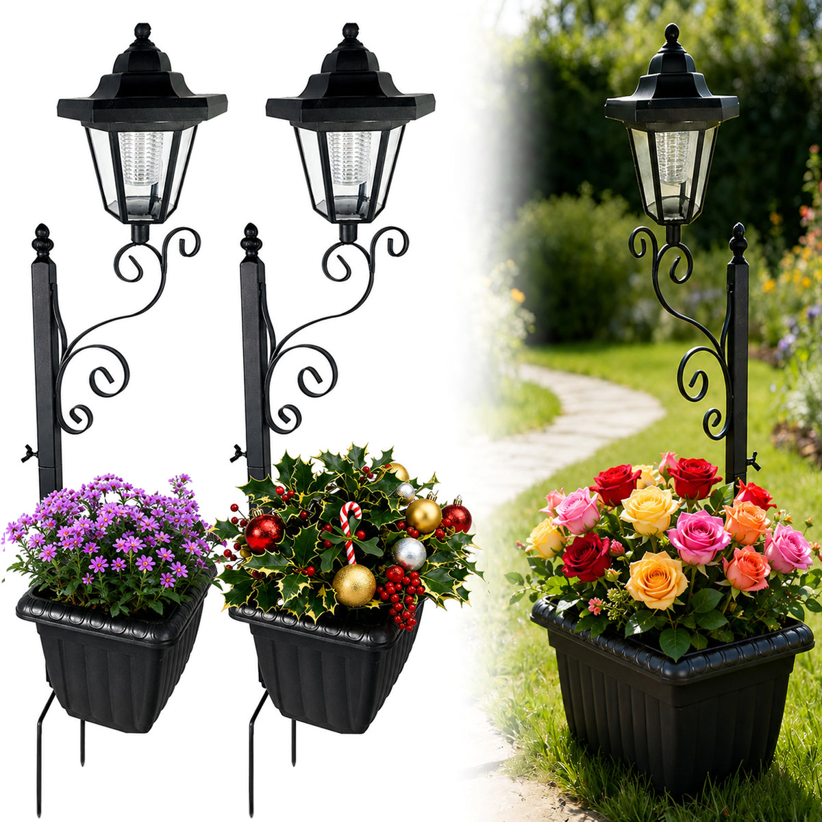 Merryhome 2Pack Solar Lamp Post with Planter,Solar Planter Lights with Ground Stake,IP44 Waterproof Warm White Light,Dusk-to-Dawn Lighting,Decorative Lamp for Lawn Patio Deck Front/Back Door