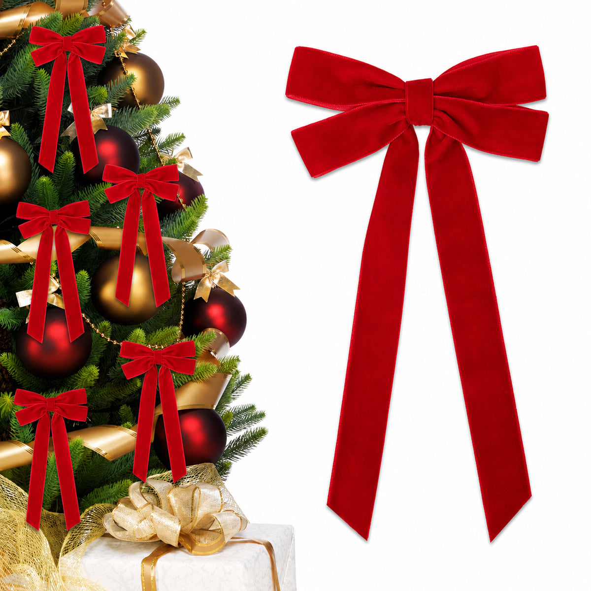 PUCACHI 24Pcs Red Velvet Ribbon Christmas Bows for Christmas Tree,5 x 10in Xmas Ornaments for Tree Front Door Wreath Holiday Gift Wrapping Bows