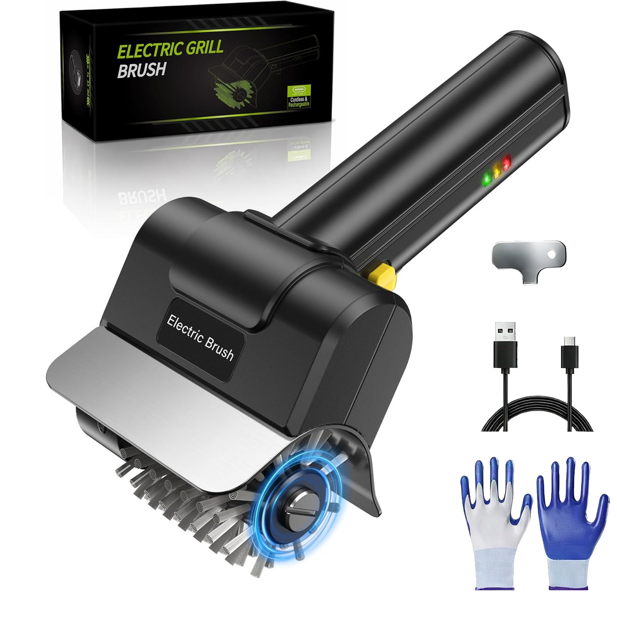 Merryhome Cordless Electric Grill Brush,Rechargeable-1100PRM-High Speed Rotating Grill Cleaner with 304 Stainless Steel Brush Head,Grill Cleaner for BBQ Grates & Griddles,BBQ Father's Day Gift