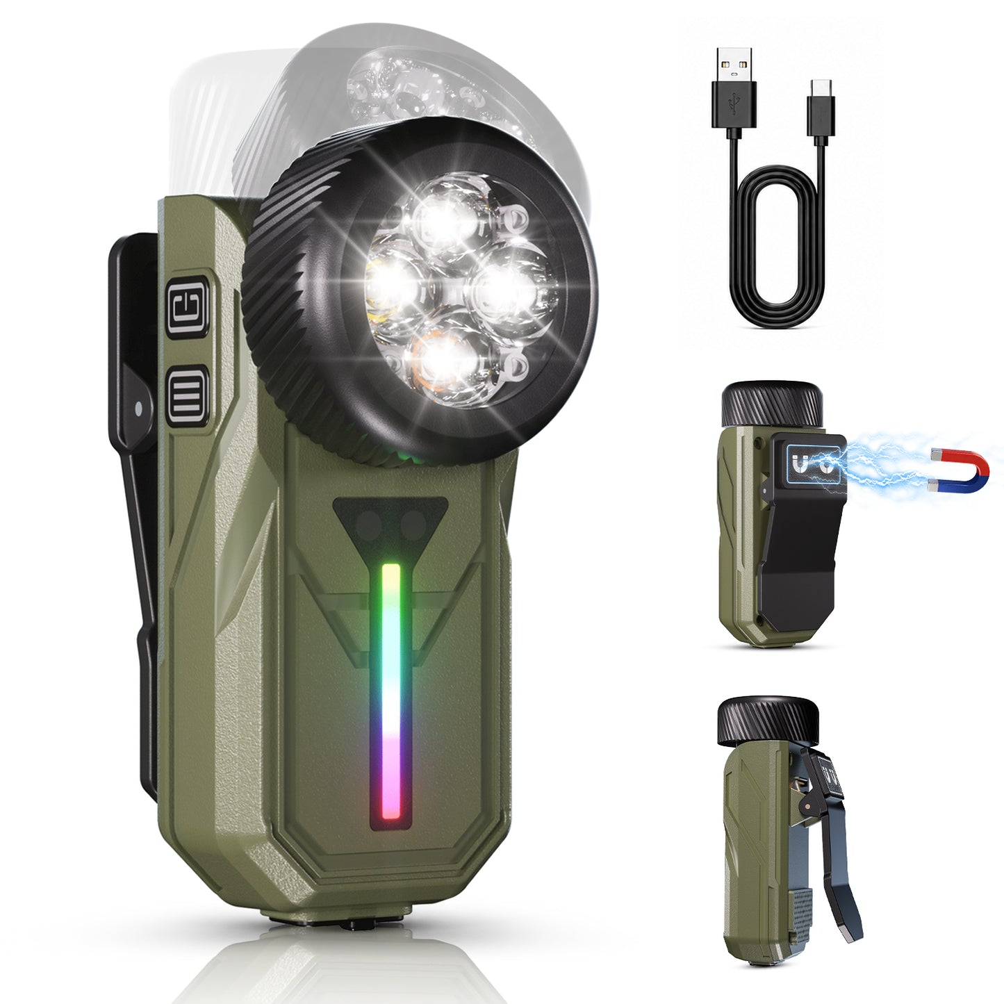 Rechargeable EDC Flashlight, 1000 Lumen Clip Light with UV & RGB Side Light, Motion Sensor + Magnetic Clip-on, 90° Rotating Work Light for Camping Emergency Working Signaling Inspection