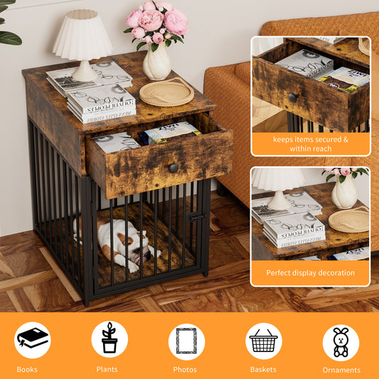 Wooden Dog Kennel End Table, Decorative Dog Cage Table with Drawer, Indoor Pet Crate End Table for Small Dog, Iron-Tube Dog Cage, Chew-Proof, Walnut