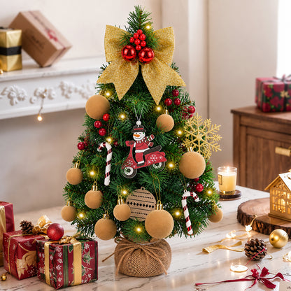 Tabletop Christmas Trees, 18 Inch Mini Xmas Tree with LED String Lights for Indoor Holiday DIY Decor Khaki