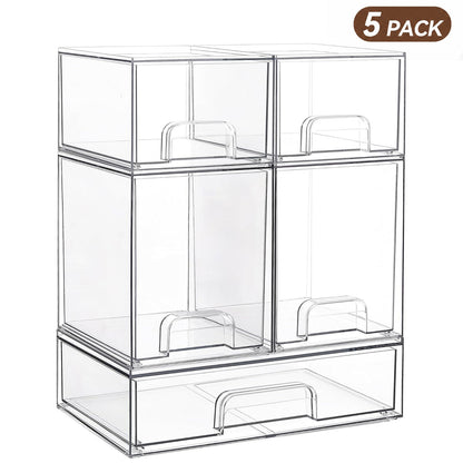 PUCACHI 5Pack Stackable Acrylic Storage Drawers,Acrylic Organizer Bins for Makeup,Cosmetics,Beauty Supplies,Bathroom Organizer Countertop,Bathroom Under Sink Organizers,12x7.5x15.4in