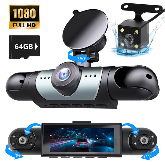 3 Channel Dash Cam 1080P Front Inside and Rear, Triple Car Camera with Night Vision, HDR, G-Sensor, Loop Recording, 24Hr Parking Mode