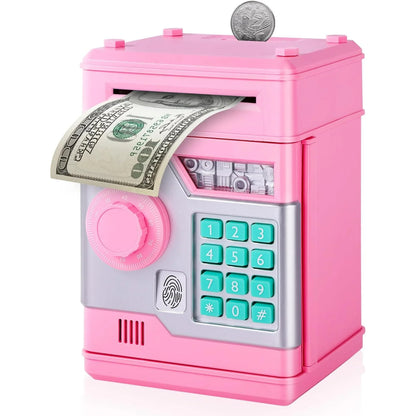 Teblint Piggy Bank for Kids, Electronic Money Bank, ATM Fingerprint Password Money Bank Cash Coins Saving Box with Auto Grab Bill Slot, Perfect Toy Gifts for Boys Girls, Pink