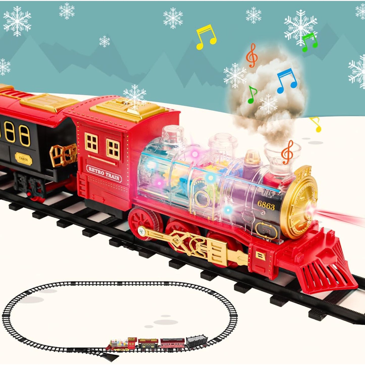 Christmas Train Set, Electric Train Toys with Smoke, Lights, Sounds, Rechargeable Toy Train Steam Locomotive with Cargo Cars & Tracks Christmas Birthday Toy Train Gifts for Age 3-7 Kids