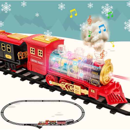 Christmas Train Set, Electric Train Toys with Smoke, Lights, Sounds, Rechargeable Toy Train Steam Locomotive with Cargo Cars & Tracks Christmas Birthday Toy Train Gifts for Age 3-7 Kids