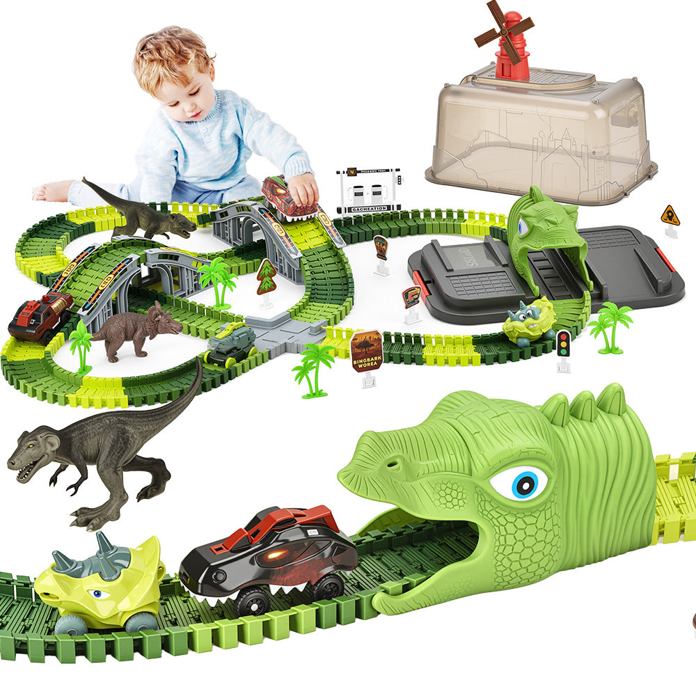 Teblint 247 Pcs Dinosaur Toys Race Car Track Set Toys, Flexible Dinosaur World Road Race Track Playset, 2 Pcs Dinosaur Car & Storage Box, Birthday Party Best Gift for 3-7 Year Old Kids