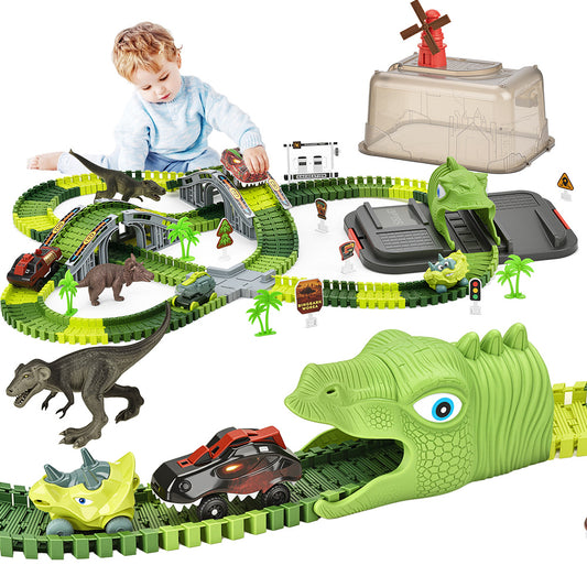 Teblint 247 Pcs Dinosaur Toys Race Car Track Set Toys, Flexible Dinosaur World Road Race Track Playset, 2 Pcs Dinosaur Car & Storage Box, Birthday Party Best Gift for 3-7 Year Old Kids