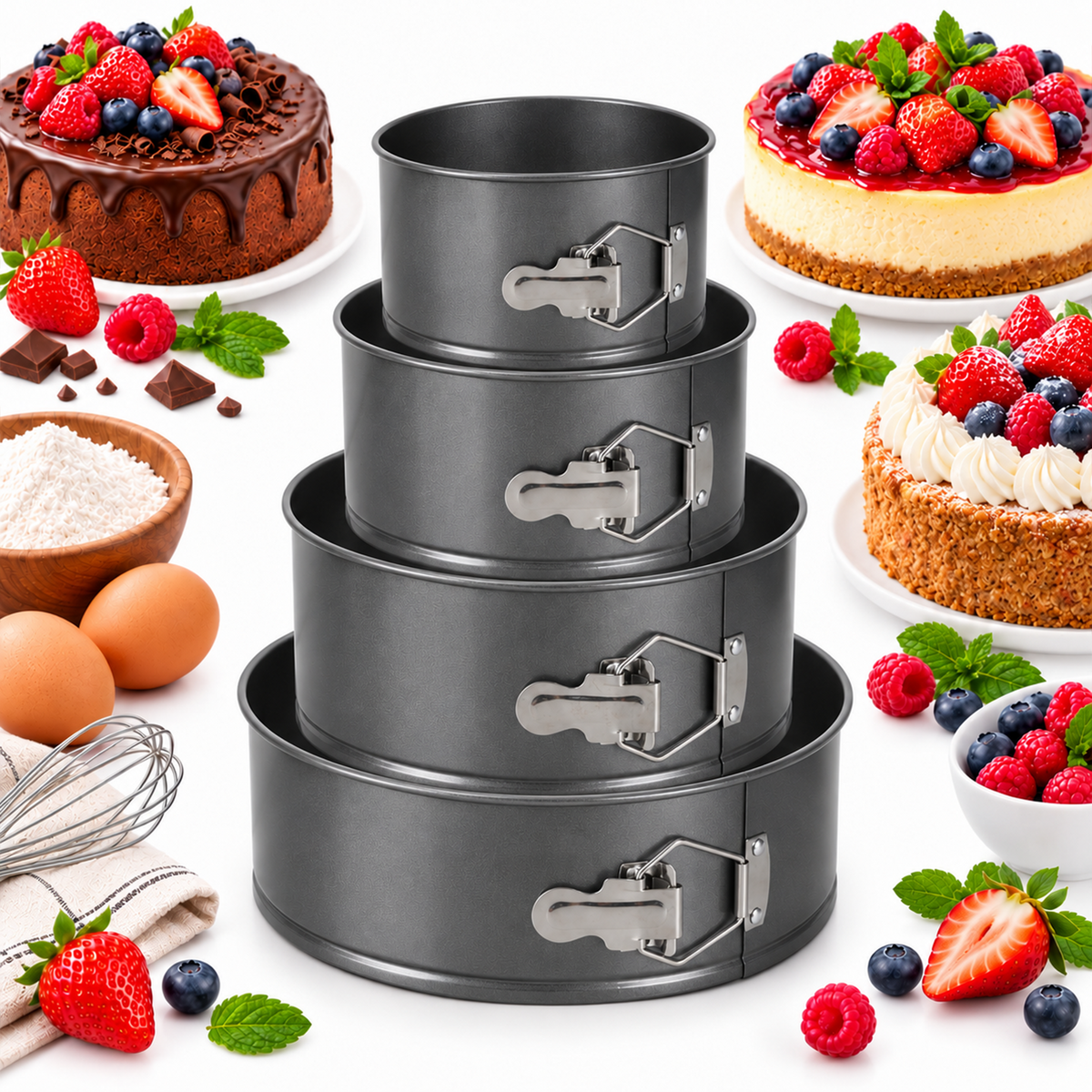 Cake Pan Set of 4, 5/5.5/6/7inch , Non-Stick Leak-Proof Cheesecake Pan for Baking, Black