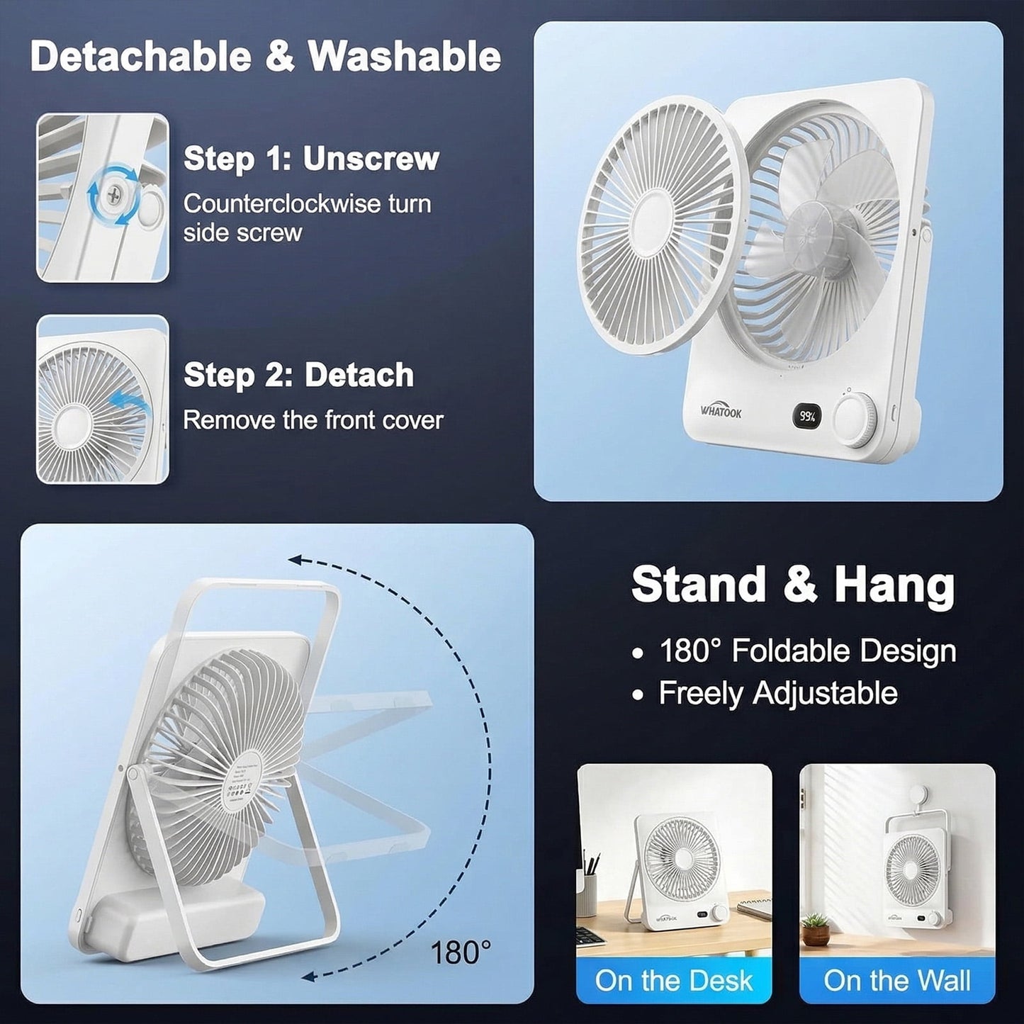 Large Desk Fan, 10000mAh Battery 40H Runtime Silent Rechargeable Fans, Quiet Personal Portable Cooler for Camping Bedroom Office Small Desktop fan