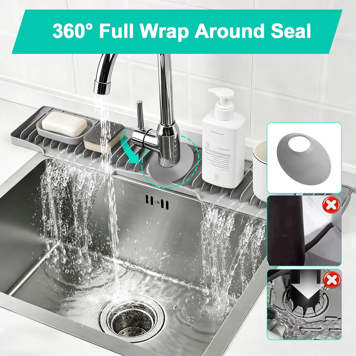 Merryhome 2-Pack Kitchen Sink Splash Guard, 31" and 23" Silicone Faucet Mat, Fast Draining Splash Guard for Kitchen, Bathroom, RV, Gray