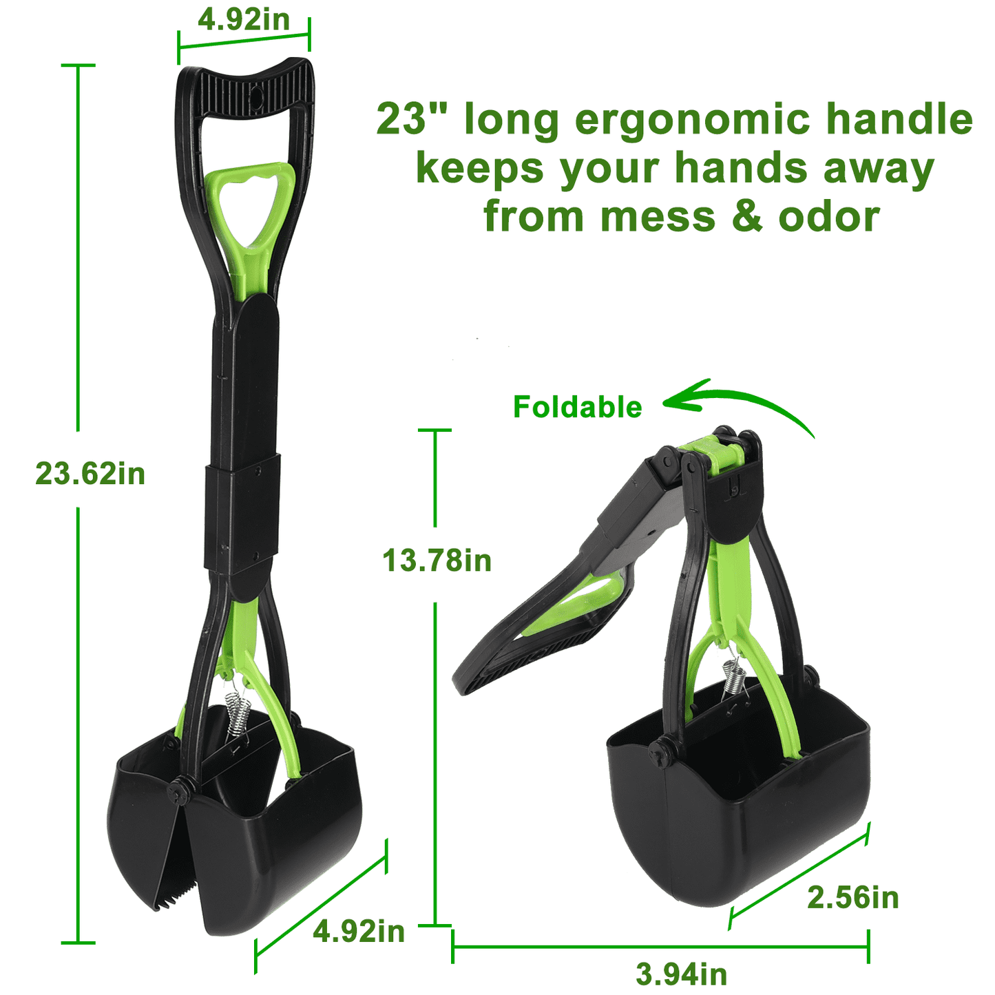 Foldable Dog Pooper Scooper, 23" Long Handle, Leak-Proof & Compact Pet Waste Picker, Plastic, Green – For Large & Small Dogs, Grass or Yard Use