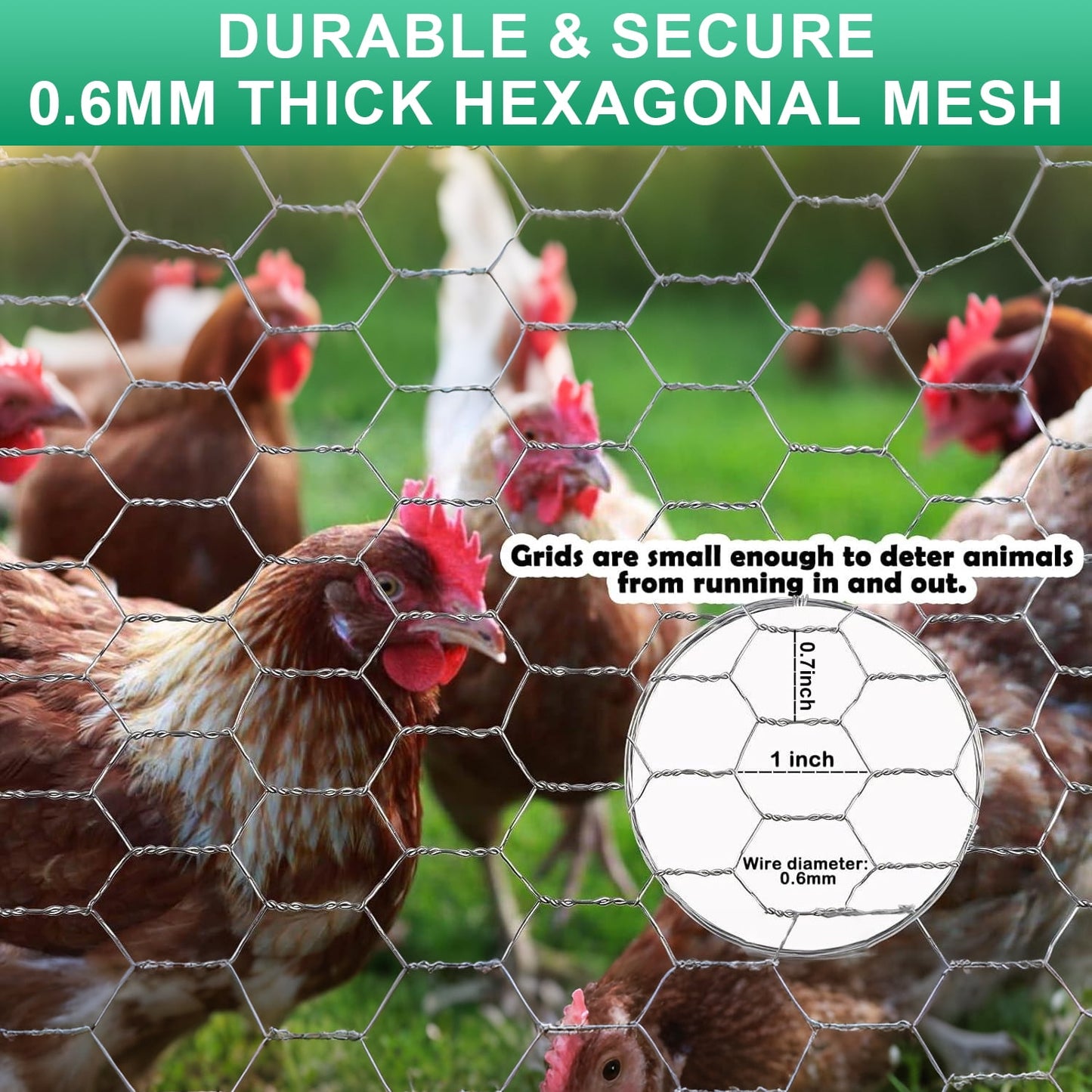Merryhome Chicken Wire Fence Mesh, 15.7"x32ft Galvanized Hexagonal Netting – 0.6mm Wire for Garden, Poultry, Rabbits, Crafts, DIY, with Gloves, Pliers & Zip Ties