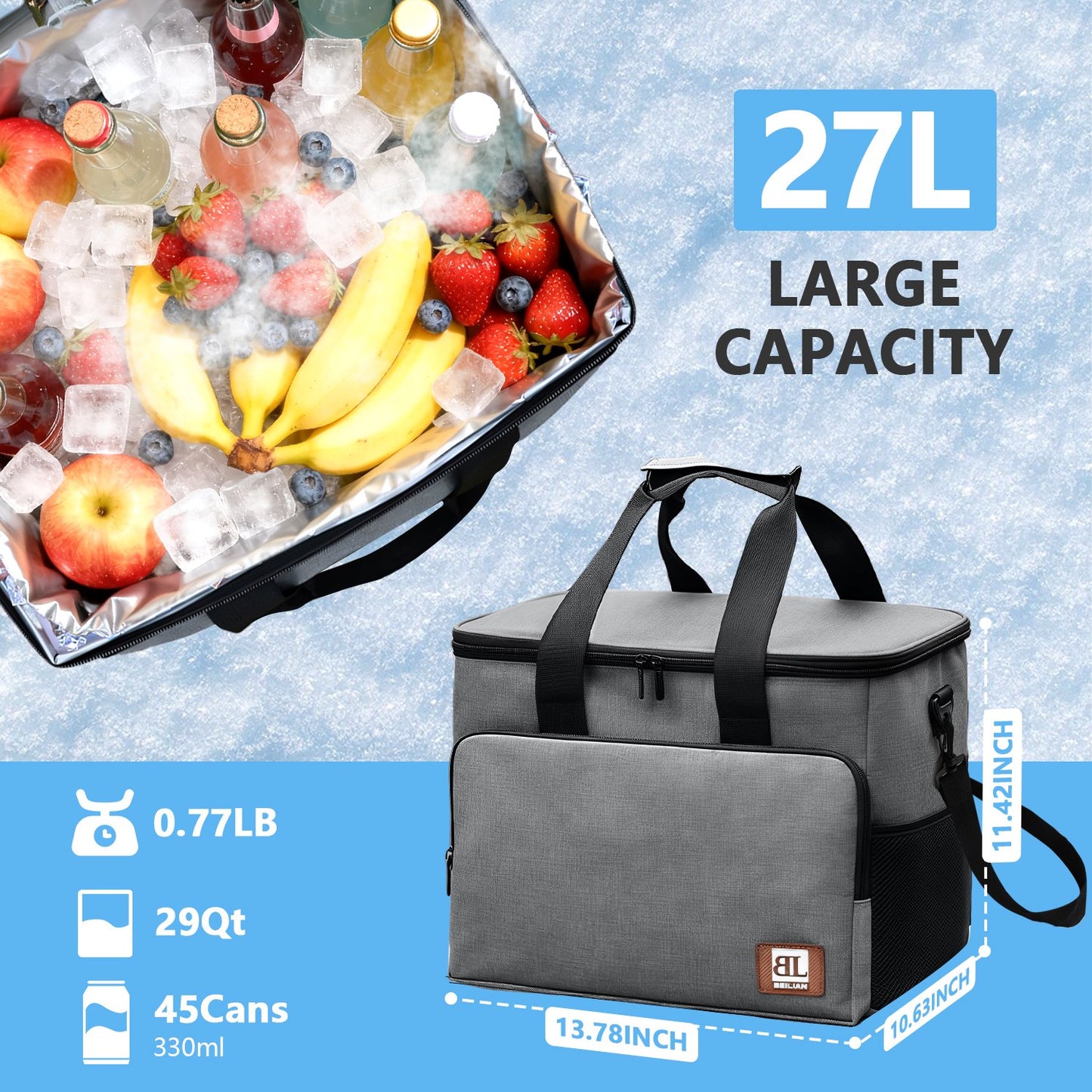 Merryhome 45‑Can Collapsible Soft Cooler Bag – 29 Qt Leak‑Proof Insulated Ice Chest for Camping, Beach, Road Trip, Picnic & Grocery Travel Bag (Gray)