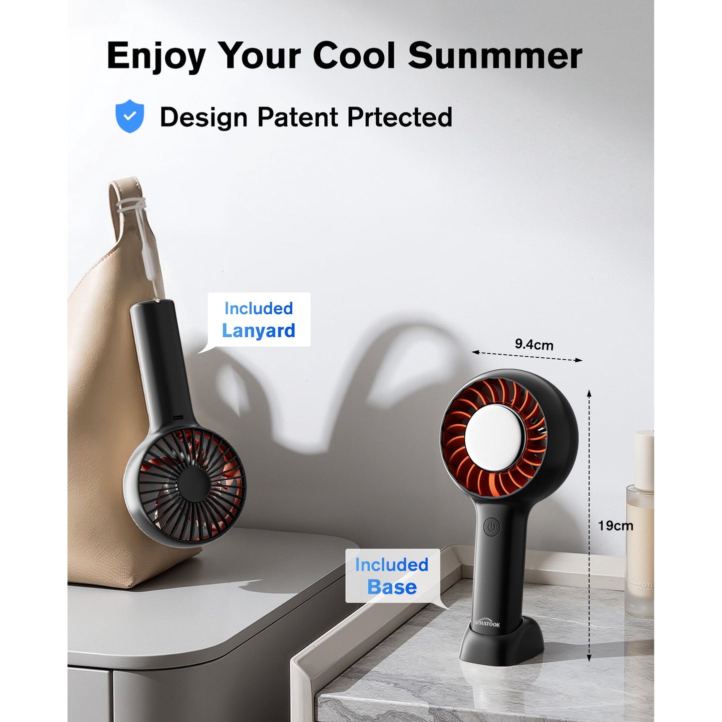 Handheld Fan, 3000mAh Rechargeable Personal Fan with LED Display, 5-Speed Turbo Wind, Portable Desk Fan with Base and Lanyard for Travel,Beach, Office