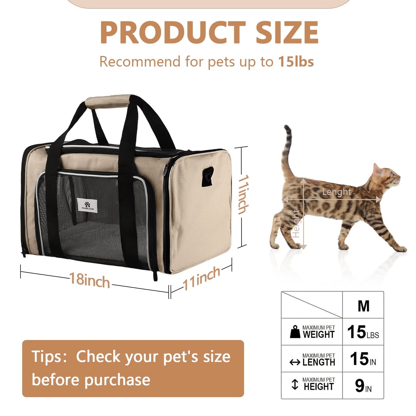 Merryhome Cat Carrier 18 in, Airline Approved Soft-Sided Pet Travel Bag, Foldable Waterproof for Small Cats and Dogs up to 15 lbs, Coffee