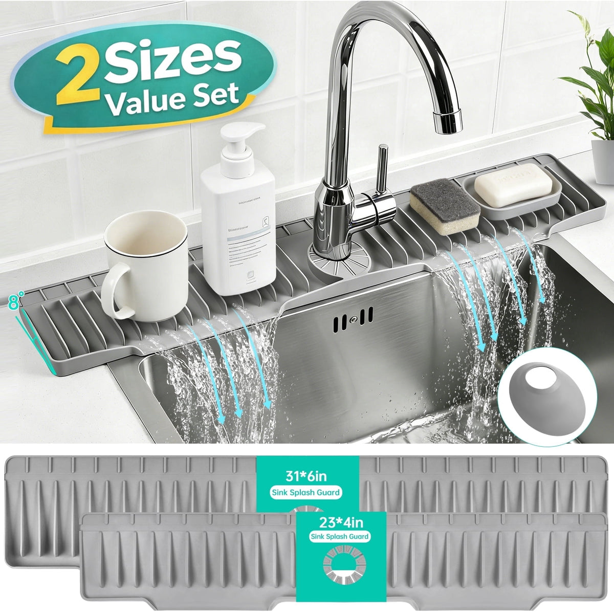 Merryhome 2-Pack Kitchen Sink Splash Guard, 31" and 23" Silicone Faucet Mat, Fast Draining Splash Guard for Kitchen, Bathroom, RV, Gray